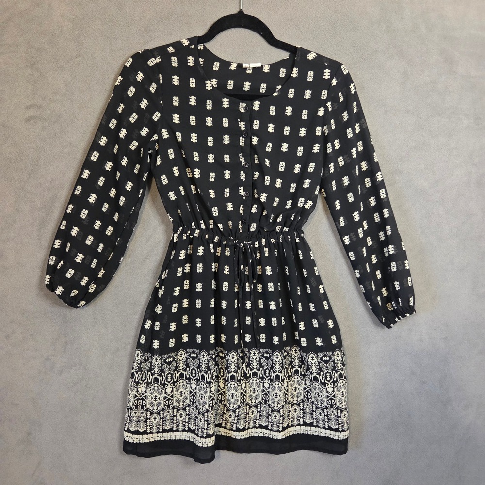 Jana Geometric Mini Dress Women's XS Boho Elastic Waist Boho Casual Drawstring
